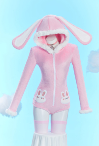 Lingerie Sexuelle de Style de Lapin Rose Justaucorps à Capuche en Peluche Loungewear à Manches Longues avec Queue Bas et Tour de Cou